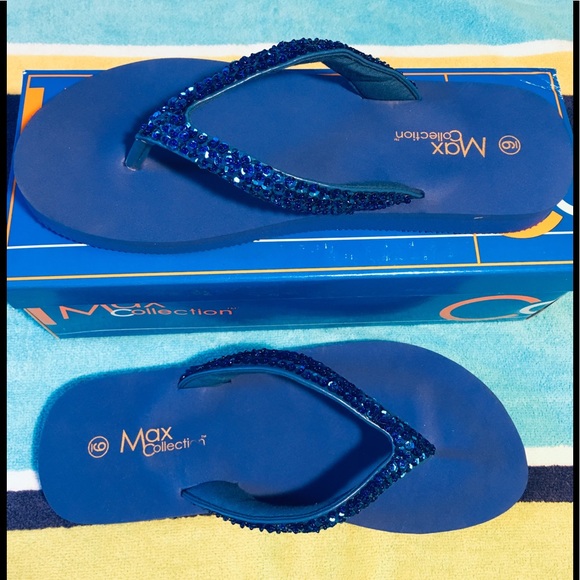 NIB Sequin Beaded Flip Flops in Royal Blue. - Picture 3 of 6